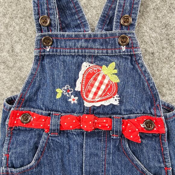 Denim Infant Overalls 6-9 mos Embroidered Strawberry Ruffle Hem Eyelet Accents - Picture 4 of 10
